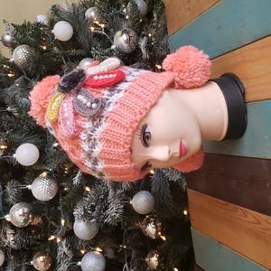 Womens Knitted Winter Hat with Pom Pom and Flower NWT